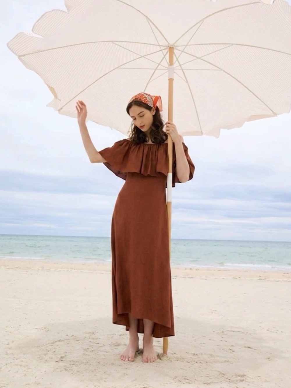 ZARA NWT Rust  Off-the-Shoulder Linen Blend Midi Dress Sz Small Boho Chic Resort
